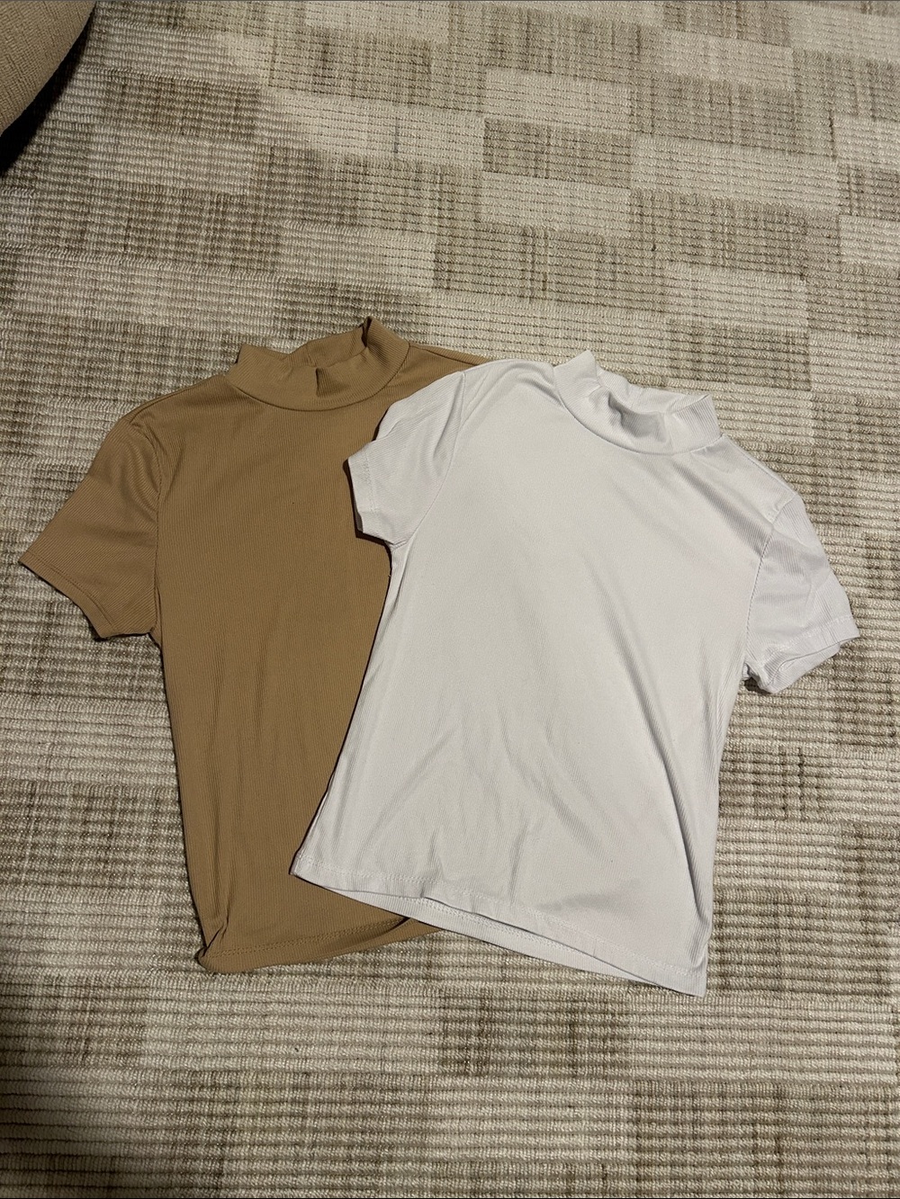 One Step Ahead Short Sleeve Mock Neck Tops - White and Camel